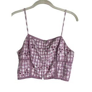 American Eagle Gingham Floral Eyelet Top M Pink Boho Indie Folk Y2K Fairy 90s